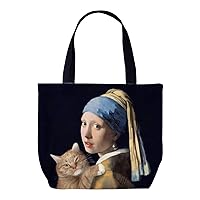 RFSHOP Handbag, Tote Bag, Funny Cat, Johannes Vermeer, Girl with Pearl Earring, Shopping Bag, Men's, Women's, Large Capacity, Lightweight, Popular, Stylish, Multi-functional, Handbag, Going Out Bag,