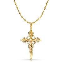 14K Two Tone Gold Crucifix Charm Pendant with 1.2mm Singapore Chain Necklace