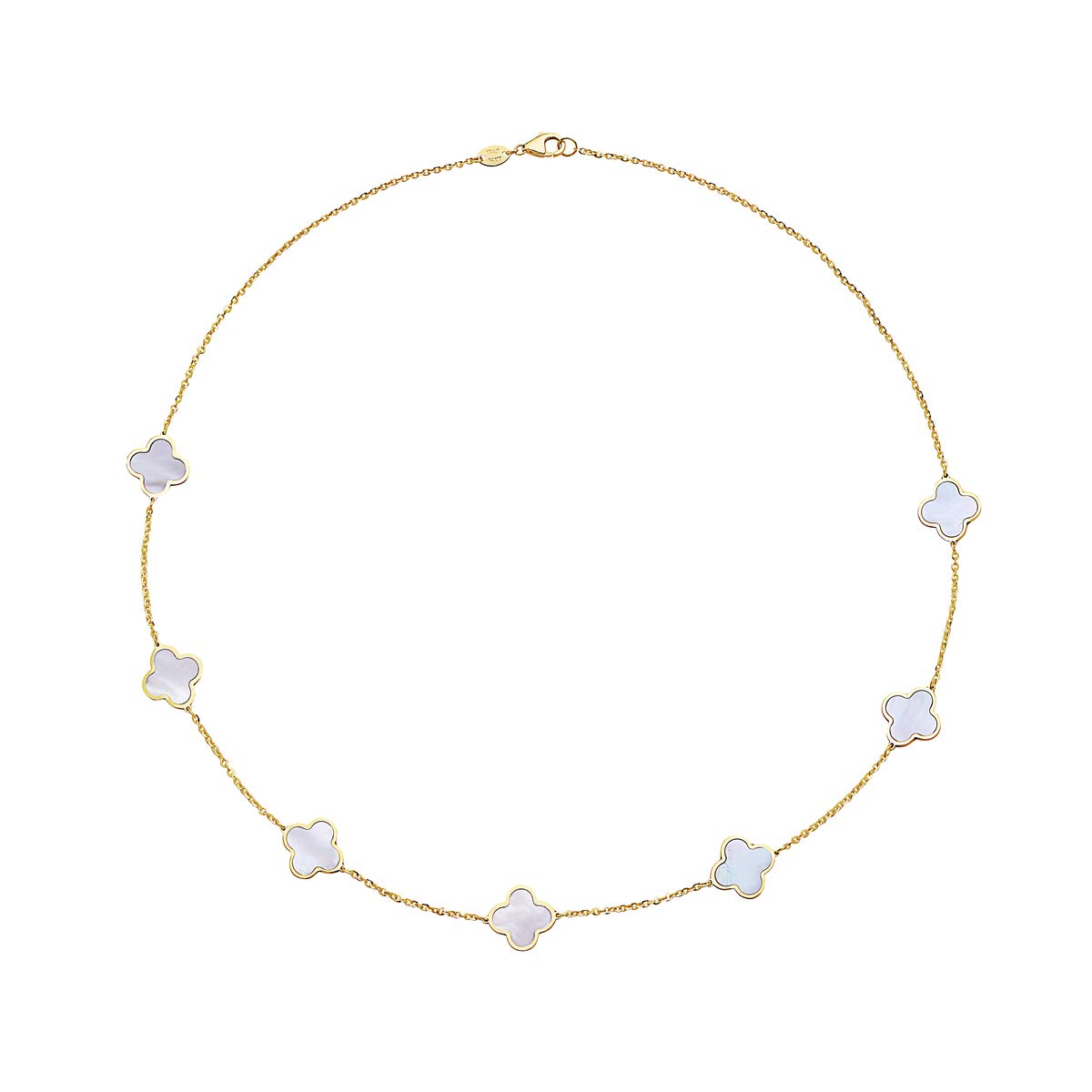 14K Solid Yellow Gold and Mother-of-Pearl Necklace with 7 Clover-Shaped Motifs. 16 inch chain size