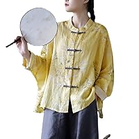 Women's Dragon Print Chinese Button Down Shirt Long Sleeve Linen Blouse Top Yellow
