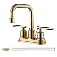 WOWOW Brushed Gold Bathroom Faucet 4 inch Bathroom Sink Faucet 3 Hole RV Bathroom Faucets for Sink 2 Handle Vanity Faucet with Drain Assembly Centerset Lavatory Faucet 360-Degree Swivel Spout