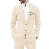 Mens Linen Suit 2 Piece Slim Fit Wedding Suit for Men Groosmen Prom Linen Jacket Pant Set