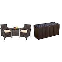 3 Pieces Patio Furniture PE Rattan Wicker Chair Conversation Set, Brown and Beige & Keter Marvel Plus 71 Gallon Resin Deck Box-Organization and Storage