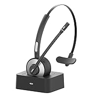 Bluetooth Headset with Microphone Charging Stand, HUAKUA Noise Cancelling Wireless Headset with Mute Button Top Sound Quality Stable Connect for PC Laptop Computer Cell Phones (Headset)