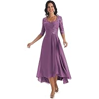 Women's A Line Chiffon Lace Mother of The Bride Dress Formal Evening Gown with Sleeves Tea Length