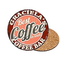 GRACIELA’S Best Coffee in Town Coffee Bar 6 of Set Custom Personalized Coasters Rustic Shabby Vintage Style Retro Kitchen Bar Pub Coffee Shop Housewarming Gift Wedding Gift Ideas