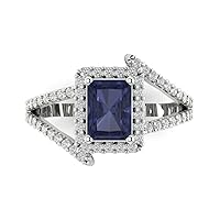 Clara Pucci 2.07ct Emerald Cut Solitaire with Accent Halo Criss Cross Simulated Blue Sapphire designer Modern Ring 14k White Gold