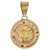0.5-0.75 inch (13-15mm) Round Genuine 14K 3-Color Gold Cubic Zirconia Descending Dove Holy Spirit Necklace for Women & Men Diamond Cut Back Available or without Chain