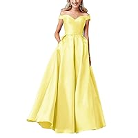 Off Shoulder Prom Dresses Long Satin Formal Dresses for Women Evening Gowns Satin A-Line with Pockets