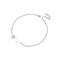 925 Silver Pink Crystal Anklet for Women Summer Jewelry Girls Gift Cute Cat Foot Chain Adjustable