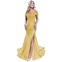 Off The Shoulder Bridesmaid Dresses with Slit Satin Formal Evening Prom Gown for Women