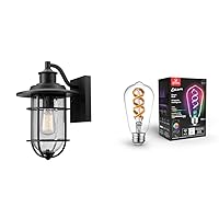 Globe Electric 44094 Turner 1-LightBlack Outdoor Wall Sconce with Seeded Glass Shade + 35847 Wi-Fi Smart 7W (60W Equivalent) Multicolor Changing RGB Tunable White Clear LED Light Bulb, ST19 Shape