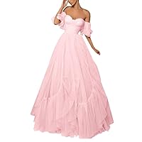 Off Shoulder Tulle Prom Dress Ruffle Sleeve Long Puffy Ball Gowns A Line Formal Evening Party Dress