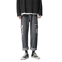 Baggy Jeans，Casual Retro Tooling Side Pocket Men Loose Straight High Street Handsome Wide Leg Pants