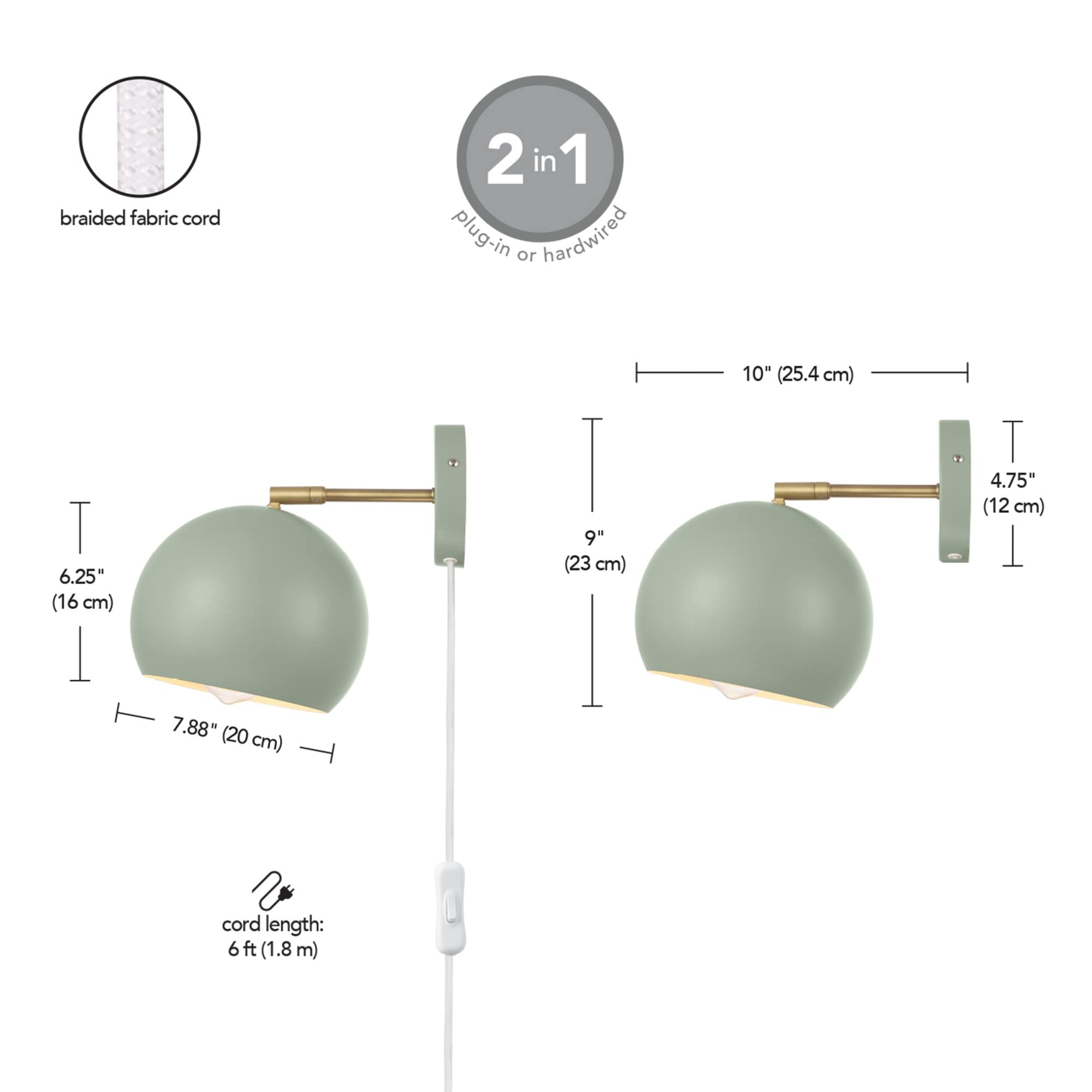 Novogratz x Globe Electric 65866 Willow 1-Light Plug-in or Hardwire Wall Sconce, Sage Green, Matte Brass Accent, Bulb Not Included