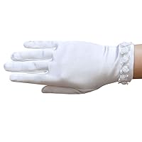 Girl's Satin Gloves with small Rosebuds Accent Trim/White