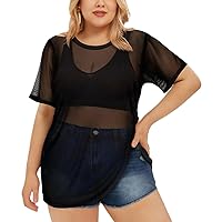 RITERA Plus Size See Through Tops for Women Short Sleeve Bodycon Clubwear Sheer Pure Mesh Tops Black T Shirts 2XL 18W 20W