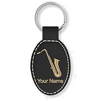 LaserGram Oval Keychain, Saxophone, Personalized Engraving Included (Black with Gold)