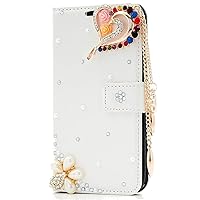 Crystal Wallet Phone Case Compatible with Samsung Galaxy S10 Plus - Heart Pendant - White - 3D Handmade Sparkly Glitter Bling Leather Cover with Screen Protector & Neck Strip Lanyard