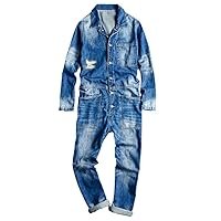 Men's Long Sleeve Patchwork Ripped Denim Jean Jumpsuits Loose Hip Hop Coveralls Youth Overalls