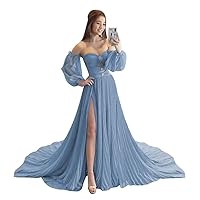 Women's Chiffon Puffy Sleeve Prom Dresses Sweetheart Strapless A Line Formal Evening Party Gowns with Slit