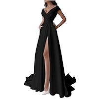 Women's Off Shoulder Prom A-Line Dresses Deep Slit Formal Evening Party Gown Floor Length V Neck Bridesmaid Dress