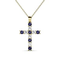 Petite Blue Sapphire & Natural Diamond (SI2-I1,G-H) Cross Pendant 0.34 ctw 14K Gold. Included 16 Inches 14K Gold Chain.