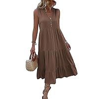 & Casual Summer Midi Dress Women Sleeveless Tank Neck Buttons Ruffle Loose Dresses Beach Sundress