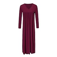 Womens Long Sleeve Loose Dress Ladies Evening Party Beach Split Long Maxi Dress Wine Red