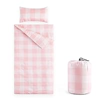 Wake In Cloud - Sleeping Bag for Kids Toddlers, Portable Compact Lightweight Backpacking Nap Mat with Pillow and Blanket, for Girls, Buffalo Check Plaid in Pink White, 55