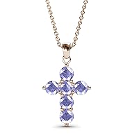 0.99 ctw Natural Round Tanzanite Cross Pendant 14K Gold. Included 18 inches 14K Gold Chain.