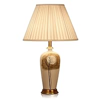 Table Lamps,Table Lamp Ceramic Desk Lamp with Pattern, Pleated Lampshade Copper Base Bedside Lamp E27 Cafe Western Restaurant Reading Lamp/White/40 * 40 * 64Cm