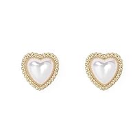 Korean Fashion Small Love Heart Pearl Stud Earrings for Women Girls Teens & Adults (Gold Plated)