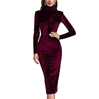 UONBOX Women's High Neck Velet Dress Twist Long Sleeve Elegant Bodycon Cocktail Party Midi Dress