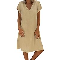 Linen Dresses for Women 2024 Summer Cap Short Sleeve V Neck Swing Sundress Loose Casual Comfy Vacation Beach Boho Midi Dress