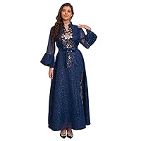 Women's Muslim Dress Ramadan Abaya Long Sleeve Floral Sequins Dubai Kaftan Moroccan Islamic Long Maxi Dresses