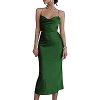 LYANER Women's Satin Cowl Neck Straps Slip Sexy Cut Out Cocktail Midi Dress