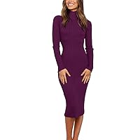 MEROKEETY Women's 2024 Ribbed Long Sleeve Sweater Dress High Neck Slim Fit Knitted Midi Dress