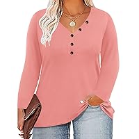 RITERA Women's Plus Size Tops Long Sleeve Shirt V Neck Button Down Tshirt Basic Solid Tee Loose Casual Fall Blouses Pink 4XL