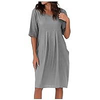 Women's Short Sleeve Dresses Boho Midi Dress 2024 Round Neck Waist Hem Elastic Solid Color Dresses, S-5XL
