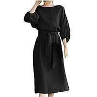 Fall Dress for Women 3/4 Sleeve Cotton and Linen Midi Dresses Ladies Baggy Casual Belted Dress Elegant Going Out Dress