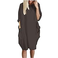Plus Size Women High-Low Hem Casual Baggy Dress with Pockets Roll-Up 3/4 Sleeve Crewneck Summer Solid T-Shirt Dress