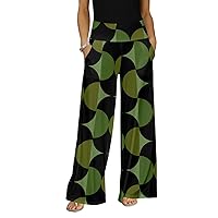 Women's Wide Leg Green and Black Pants with Pocket