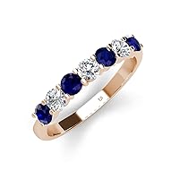 Round Blue Sapphire Lab Grown Diamond 1 ctw 7 Stone Women Wedding Band Stackable 14K Gold