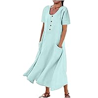 Women's Summer Cotton Linen Short Sleeve Dress Scoop Neck Button Loose Fit Casual Flowy Beach Maxi Dresses with Pockets