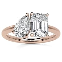 Gold: 10K Solid Rose Gold Handmade Engagement Rings 2.0 CT Emerald & Pear Manual Cut Premium Simulated Diamond Solitaire Wedding/Bridal Ring Set for Women/Her Propose Rings