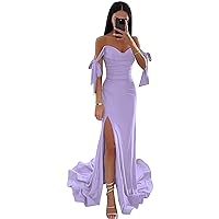 Women's Lilac Satin Prom Dress with Slit Off The Shoulder Mermaid Corset Formal Dresses for Women Evening Party Gowns Classy Strapless Silk Bridesmaid Dress