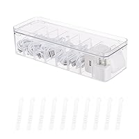 Yesesion Clear Plastic Cable Organizer Box with Adjustment Compartments, Desk Accessories Storage Case with Lid and 10 Wire Ties for Drawer, Office, Art Supply, Electronic Management