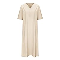 Womens 3/4 Sleeve Cotton Linen Kimonos Maxi Dress Summer Casual Loose Fit V Neck Elegant Plain Tunic Swing Dresses