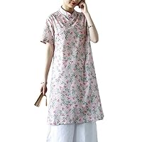Women's Casual Loose Mandarin Collar Loose Short Sleeve Cheongsam Flower Print Qipao Dresses Pink